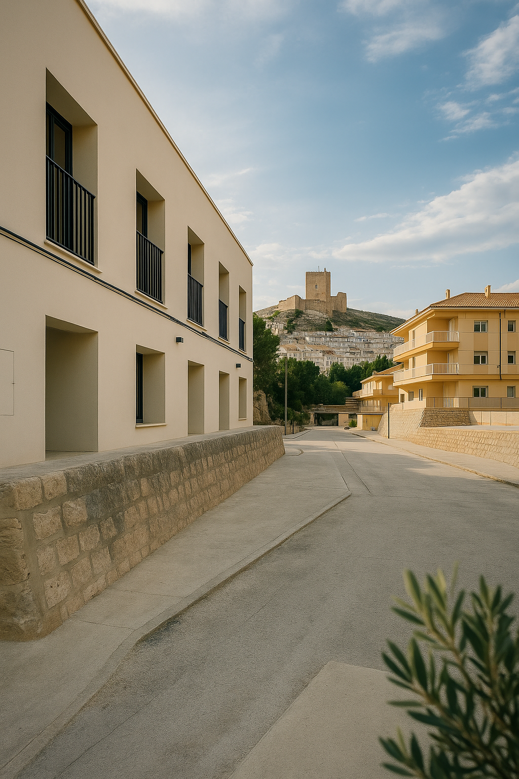 Casas Kalea Elysivm con el pueblo al fondo