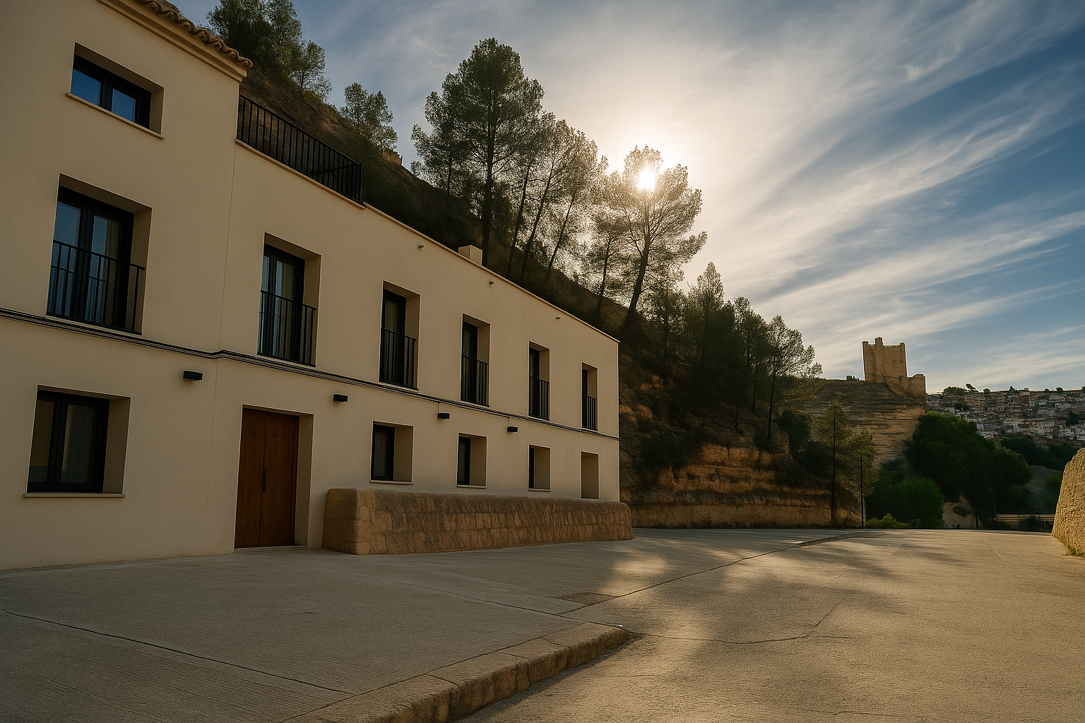 Fachada de las casas Kalea con pueblo al fondo