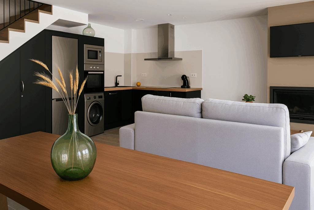 Salón amplio y cocina integrada con todo tipo de detalles, lavavajillas, cafetera, cocina WIFI y aire acondicionado
