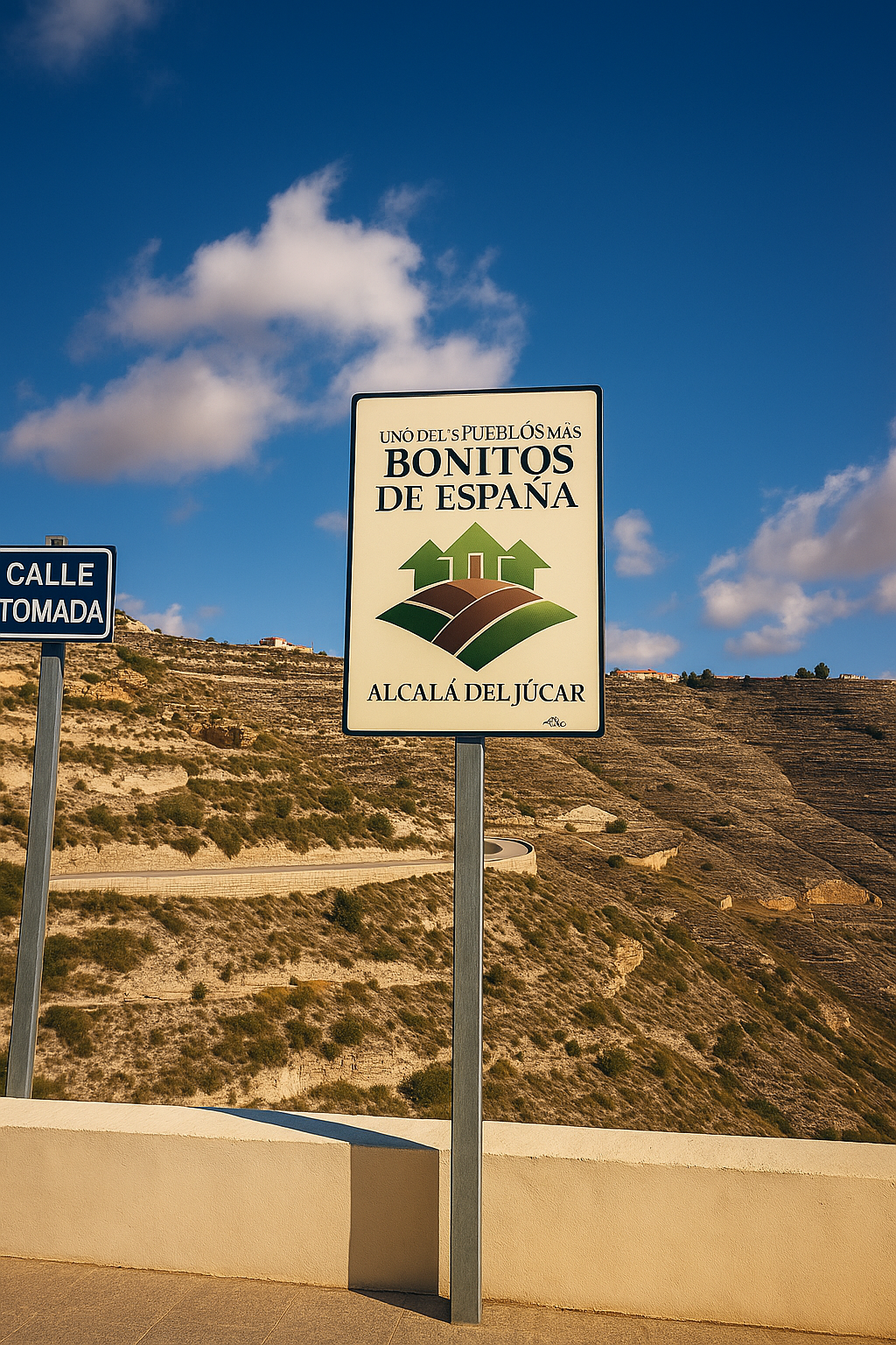 Cartel de los pueblos más bonitos de España en Alcalá del Júcar