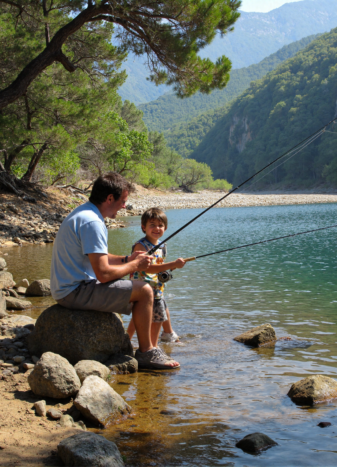 Familia pescando en Alcalá del Júcar