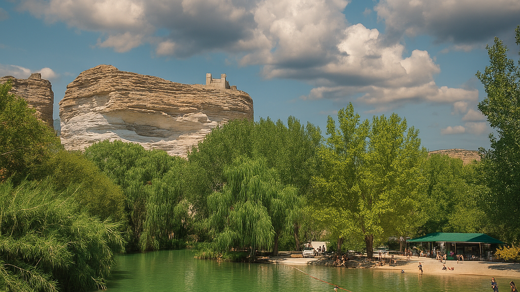 Imagen general de la playeta y castillo al fondo de Alcalá del Júcar