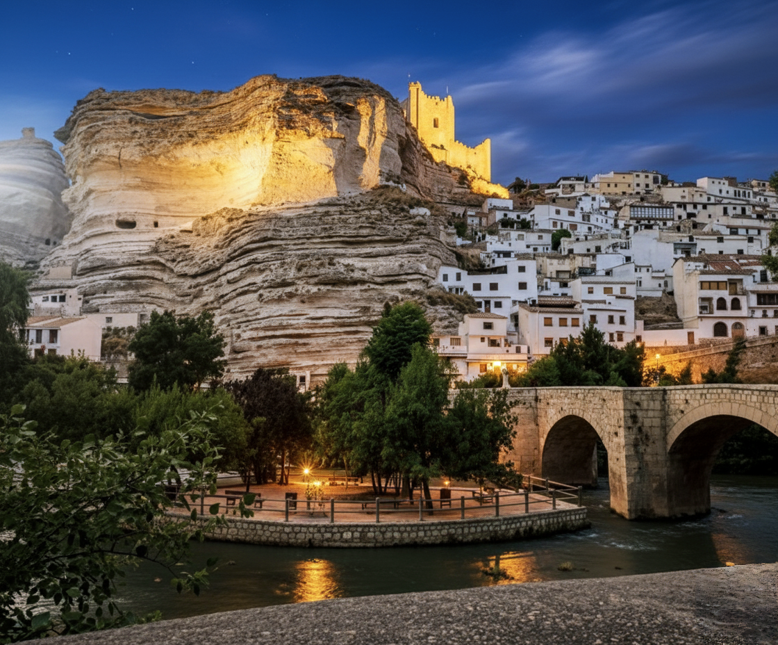 Imagen de noche de Alcalá del Júcar y su puente romano